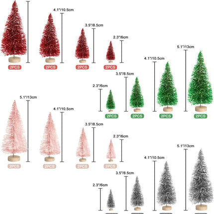 Jlong 8PCS Artificial Mini Christmas Trees, Bottle Brush Trees with Wood Base, Artificial Frosted Sisal Xmas Tree, DIY Crafts Mini Pine Tree for Christmas Party Home Table Top Decor Winter Ornaments