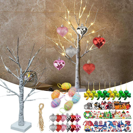 61 Pcs Christmas Tree with Light, 2 FT Birch Tree with 24 LEDs Warm White Light, USB or Batteries Operated, Holiday Table Centerpiece Decoration with 60 pcs Ornaments for Christmas Decor
