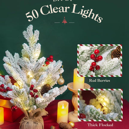 2 Pack Mini Table Christmas Trees - Battery Operated Flocked Holiday Décor for Indoor Rooms Decoration w/Red Berries, Pine Cones, 18inch