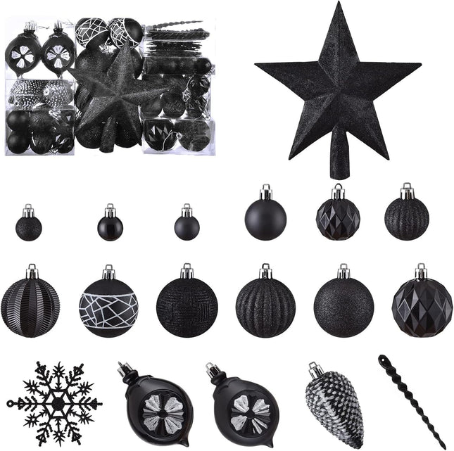 ILLUMI 100Pcs Christmas Ornaments Set, Shatterproof Christmas Ball Ornaments, Xmas Seasonal Decorative Assorted Baubles Pendants for Christmas Tree Party Holiday Indoor Decor (100Pcs Black-)