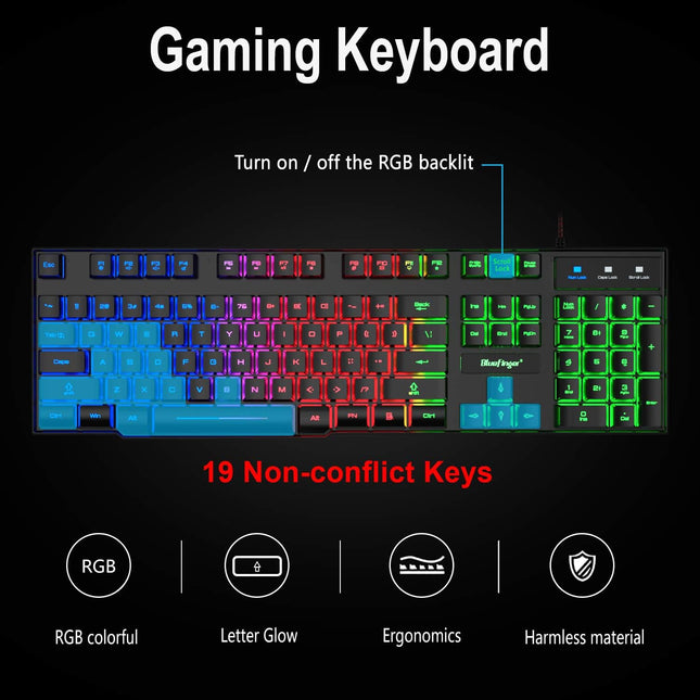 RGB Gaming Keyboard and Backlit Mouse and Headset Combo,USB Wired Backlit Keyboard,LED Gaming Keyboard Mouse Set,Headset with Microphone for Laptop PC Computer Game and Work