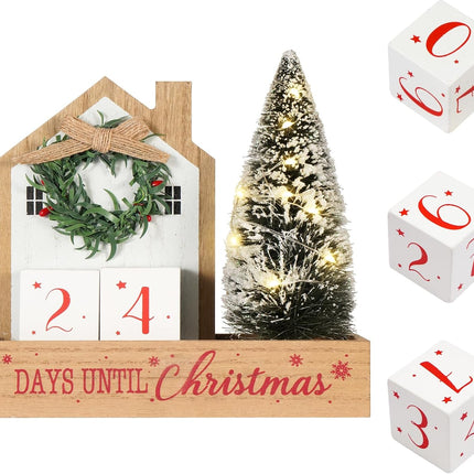 Christmas Tree Countdown Block LED Lighted 99 Days Until Christmas Wreath Calendar Tabletop Number Date Rustic Wooden Home Decor Holiday Xmas Ornament Desk Decoration