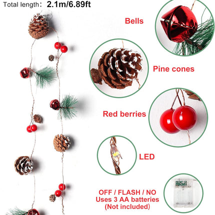 Christmas Garland Decoration with Lights, 7FT 20LED Christmas String Lights, Xmas Pine Cone Red Berry Bell Lights Battery Operated Indoor Outdoor Christmas Tree Year Holiday Party Decorations
