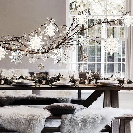 OuMuaMua Winter Christmas Hanging Snowflake Decorations, 12PCS Snowflakes Garland & 12PCS 3D Glittery Large White Snowflake for Christmas Winter Wonderland Holiday Year Party Home Decorations