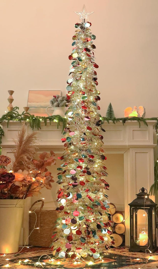 6 FT Pop Up Christmas Tree with 100 LED Timer Lights, Silver Colored Tinsel Christmas Tree, Collapsible Artificial Pencil Christmas Tree Pull Up Tree Holiday Decor for Home, Office, Party