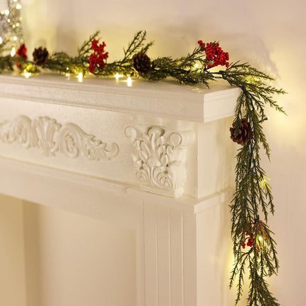 6FT Christmas Garland Artificial Red Berry Greenery Norfolk Pine Garland String Lights with 20 LED Light for Indoor Outdoor Home Mantle Xmas Holiday