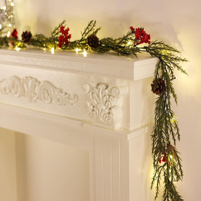 6FT Christmas Garland Artificial Red Berry Greenery Norfolk Pine Garland String Lights with 20 LED Light for Indoor Outdoor Home Mantle Xmas Holiday