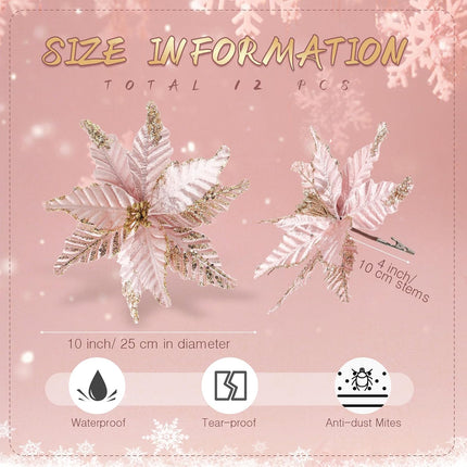12 Pcs Christmas Glitter Fabric Poinsettia 10 Inch Artificial Christmas Flower with Clips Large Head Christmas Tree Ornaments Faux Xmas Flower with Stems for Wedding Party (Rose Gold)