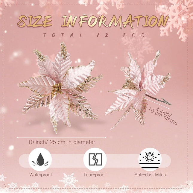 12 Pcs Christmas Glitter Fabric Poinsettia 10 Inch Artificial Christmas Flower with Clips Large Head Christmas Tree Ornaments Faux Xmas Flower with Stems for Wedding Party (Rose Gold)