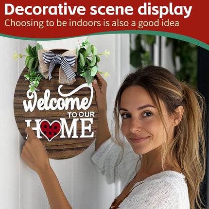 Front Door Decoration Rustic Round Wood Christmas Wreath with 12’‘ Door Hanger,14pcs Interchangeable Seasonal Welcome Sign, Outdoor Wall Hanging, Spring, Summer, Fall and All Seasons Holidays