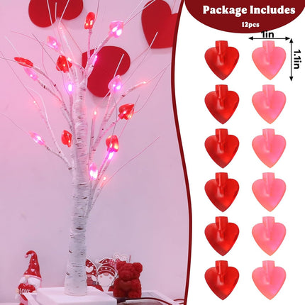 2 PCS 24 Inches Valentines Day Lighted Tabletop Lighted Birch Trees with 18pcs Heart-Shaped Ornaments,Pre-Lit Artificial Tree with Red Pink LEDs Lights for Valentine's Day Party Decor