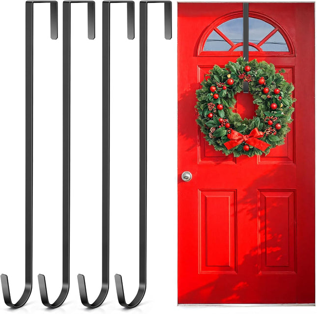 Wreath Door Hanger 4 Pack, Garland Wreath Hangers for Front Door, Outdoor Tall Wreath Hook for front door decorative,Wreath Hanger Halloween Christmas Reef Fall Wreaths Decorations Hook，Black