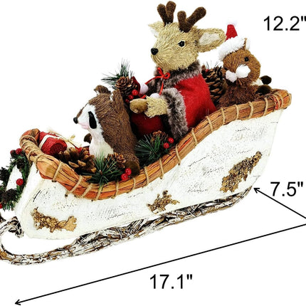 Nature Vibe 12.2 Inches Birch Logs Christmas Sleigh Decor,Sisal Woodland Animals Figurines in Sleigh Car with Box and Santa Sack as Christmas Table Decor, Fireplace Decor