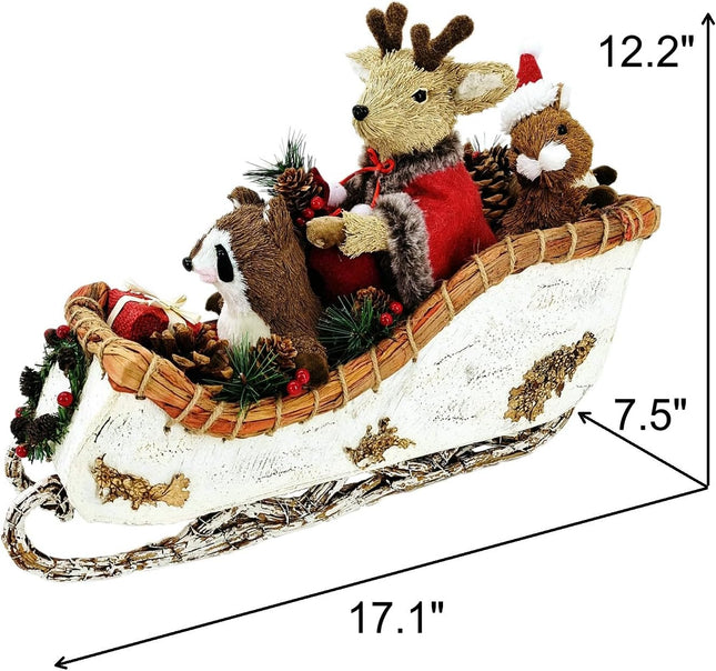 Nature Vibe 12.2 Inches Birch Logs Christmas Sleigh Decor,Sisal Woodland Animals Figurines in Sleigh Car with Box and Santa Sack as Christmas Table Decor, Fireplace Decor