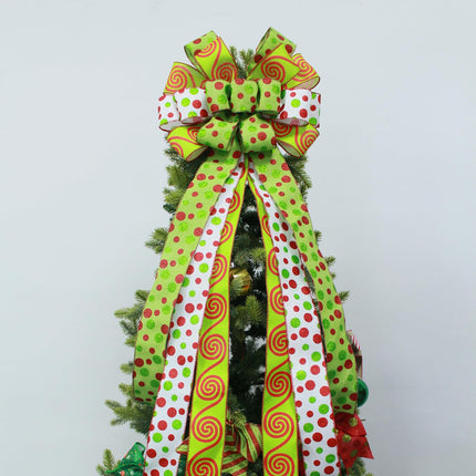 Christmas Tree Topper Wreath Bow Handmade Large Green Christmas Bow Tree Topper, 44"x13" Red Green Dot Bow for Xmas Ornament Holiday Home Decor