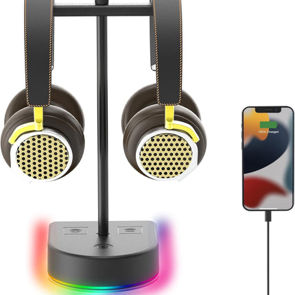 RGB Dual Headphone Stand with USB Charging Port, Desk Gaming Double Headset Holder，Durable Hanger Rack-Suitable for Desktop Table, Game, DJ, Earphone, PC, PS4, PS5, Xbox Gamer Accessories