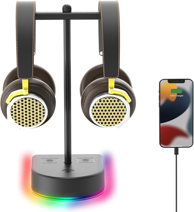 RGB Dual Headphone Stand with USB Charging Port, Desk Gaming Double Headset Holder，Durable Hanger Rack-Suitable for Desktop Table, Game, DJ, Earphone, PC, PS4, PS5, Xbox Gamer Accessories