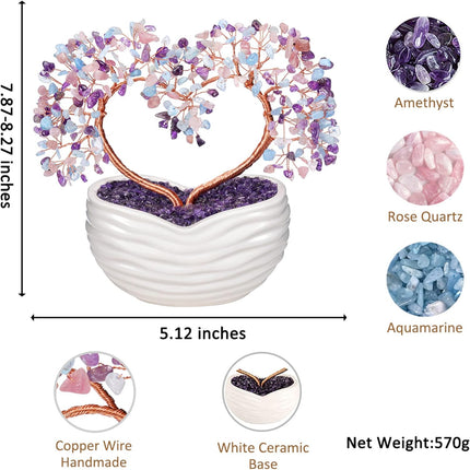 GEHECRST Healing Crystal Heart Tree Handmade Amethyst Rose Quartz Aquamarine Crystal Gemstone Money Tree Stone Tree Feng Shui Ornament for Home Office Desk Decor s for Mom Women Christmas