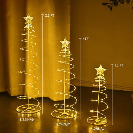 Set of 3 Lighted Spiral Christmas Trees Battery Powered 1.5/2/2.5FT Spiral Tree Light, Christmas Spiral Rope Tree for Indoor Outdoor Garden Patio Yard Pathway, Warm White