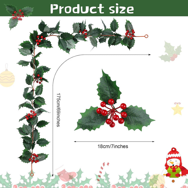 3 Pieces Green Garland 5.7 Ft Artificial Christmas Red Berry Flower Vine Winter Holly Leaves Garland Outdoor for Xmas Christmas Fireplace Home Decor (Classic Style)