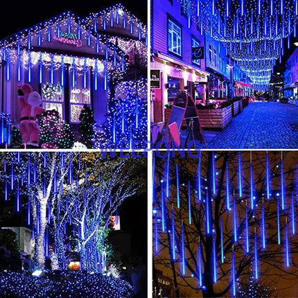 Meteor Shower Lights Outdoor Christmas Lights UL Falling Rain Drop Lights Snowfall Icicle Cascading String Lights for Xmas Holiday Tree Garden Decor Blue, 12Inch 8Tubes