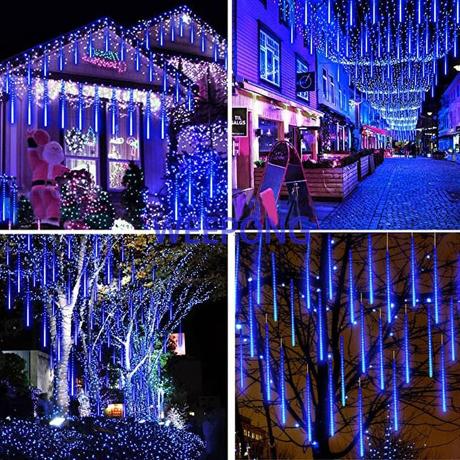 Meteor Shower Lights Outdoor Christmas Lights UL Falling Rain Drop Lights Snowfall Icicle Cascading String Lights for Xmas Holiday Tree Garden Decor Blue, 12Inch 8Tubes