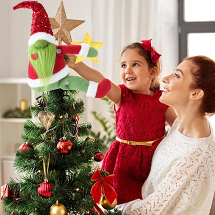 Christmas Tree Toppers Green Gnome Christmas Decorations with Star Unique Funny Christmas Tree Topper Plush Stuffed Gnome Ornaments Xmas Tree Decor for Wine Bottle Curtain
