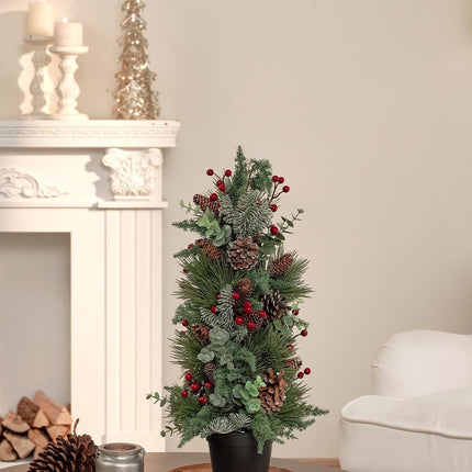 20 Inch Tabletop Christmas Tree, Small Christmas Tree with Pine Needles, Berry and Eucalyptus, Tabletop Small Xmas Tree Perfect Christmas Decoration for Home, Living Room, Table