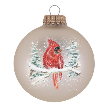 Glass Christmas Tree Ornaments - 67mm/2.625" [4 Pieces] Decorated Balls from Christmas by Krebs Seamless Hanging Holiday Decor (Velvet Oyster with Cardinal)