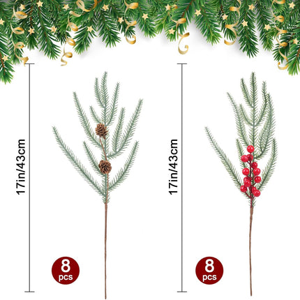 16 Pcs Christmas Berries Pine Picks, Christmas Faux Pine Greenery Stems with Berries and Pine Cones, Artificial Red Berry Pine Branches for DIY Xmas Tree Garland Wreath Home Garden Decoration