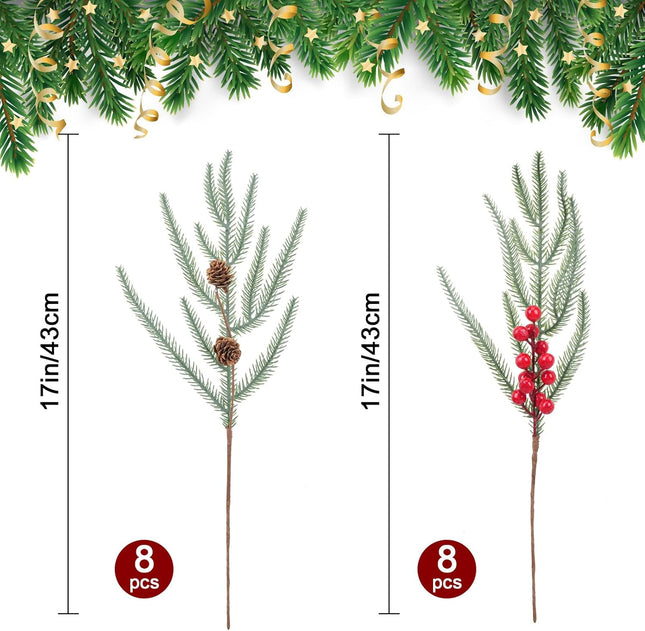 16 Pcs Christmas Berries Pine Picks, Christmas Faux Pine Greenery Stems with Berries and Pine Cones, Artificial Red Berry Pine Branches for DIY Xmas Tree Garland Wreath Home Garden Decoration