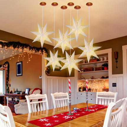 Retisee 12 Pcs 14in Christmas Paper Star Lantern Star 7 Pointed Light Snowflake Ceiling Lantern Moroccan Paper Star with 12 LED Light for Xmas, Wedding, Holiday Birthday Party Celebration(White)