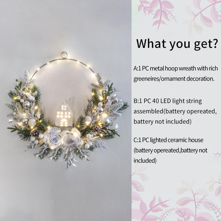 prelit Christmas Hoop Wreath with Lighted House,Farmhouse Winter Wreath with Lights,16inch Silver White Christmas Wreath for Front Door, Winter Xmas Holiday Porch Decor,Modern Mantel Decoration