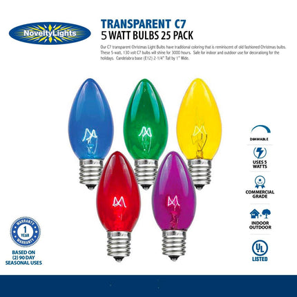 Novelty Lights Christmas Replacement Bulbs - Outdoor Individual Bulbs For Events, Holiday Parties, Patios, And More - C7/E12 Candelabra Base, 5 Watt Lights (Clear, 25 Pack)