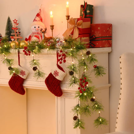 2 Pcs Christmas Garland with Lights, 6.6Ft Prelit Smokey Pine Garland, Lighted Christmas Garland for Mantle with Pine, Red Berry, Christmas Decoration for Winter Xmas Stairs Railing Table Decor