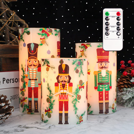 Christmas Flameless Candles Battery Operated, Holiday Nutcracker LED Candles with Remote, Realistic Pillar Candles for Xmas Tree, Mantel, Home Decor, Set of 3