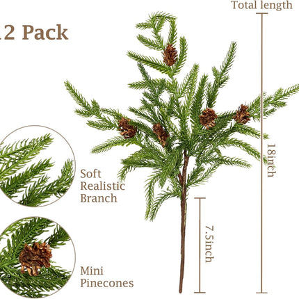 WBHome 12 Pcs Christmas Norfolk Pine Branches with Pine Cones - 18" Real Touch Norfolk Pine Branch- Artificial Xmas Branches Plants Pine Needles for DIY Craft Garland Home Garden Decor