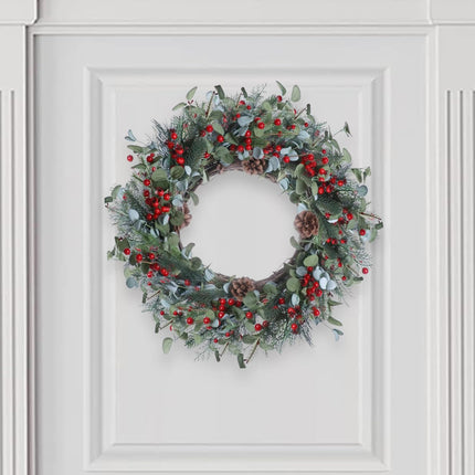 20 Inches Christmas Wreath Winter Wreaths Holiday Christmas Wreaths for Front Door Christmas Berry Wreath with Pine Needles Pine Cones Red Berries for Window Indoor Outdoor Winter Decorations