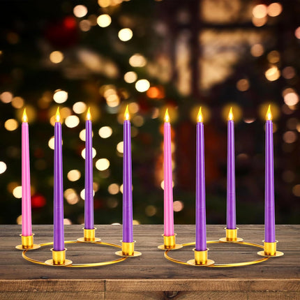 4 Pieces Christmas Flameless Advent Candle Set with Gold Metal Advent Wreath Ring Candle Holder Purple Pink Taper Flameless Candles for Christmas Advent Home Table Decorations