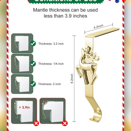 Stocking Holders for Mantle, Set of 5 Christmas Stocking Holders for Fireplace, Stocking Hangers for Mantel, Snowflake Reindeer Tree Santa Stocking Hanger Hooks for Christmas Mantel Decoration, Gold