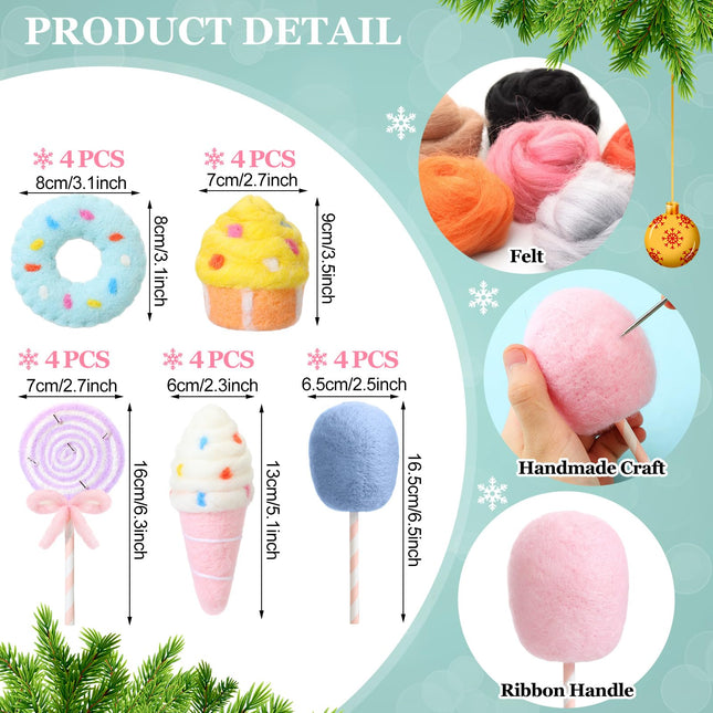 20 Pcs Christmas Felt Wool Dessert Ornaments Set Christmas Tree Felt Hanging Ornament Lollipop Cotton Candy Cake Ice Cream Donut Ornament Holiday Felt Donut Ornaments (Macaron)