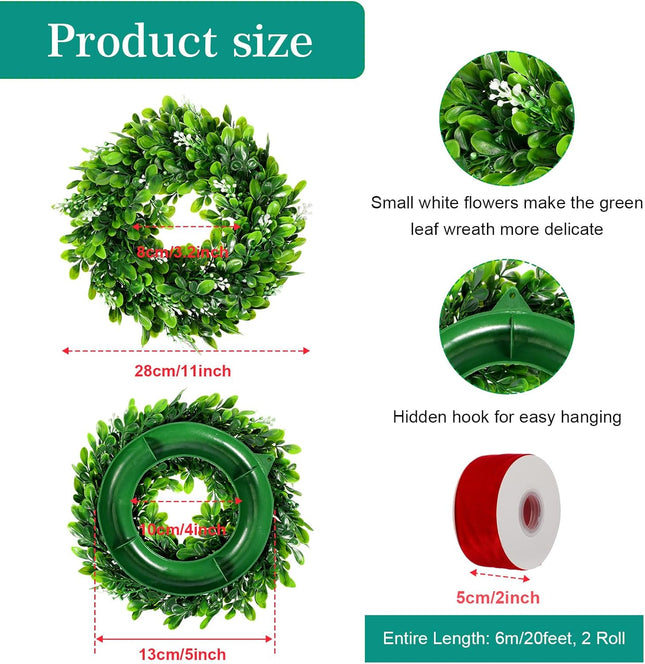 Unittype 4 Pcs Christmas Kitchen Cabinet Wreaths Xmas Green Faux Artificial 2 Roll Red Ribbons for Door Farmhouse Hanging Wall Window Door Hanging Xmas Decoration