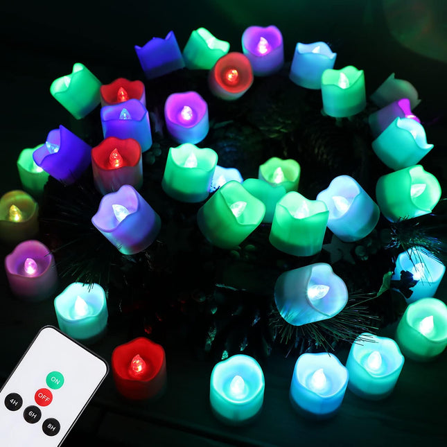 Topstone Multi Color Remote Control Tea Lights,Battery Powered Votive Candles with Timer,Flickring Flameless Candles for Wedding,Christmas,Fall Decoration,Pack of 12 (Wave Open Style)