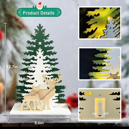 Lighted Christmas Tabletop Decorations,Supergorea,Wooden Christmas Tree and Deer Table Decor,LED Wood Craft Light 2AA Battery Powered 12.7 inch for Xmas Home Decoration(Indoor)