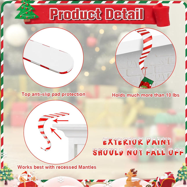 Christmas Stocking Holders for Mantle Set 4, Lightweight Metal Stocking Hangers Adjustable Candy Cane Stocking Hooks for Fireplace Widened Non-Skid Stocking Holders for Christmas Decoration