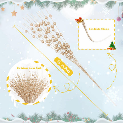 Christmas Tree Decorations, 12 Pack Christmas Tree Picks, Champagne Christmas Ornaments, Tree Toppers Christmas Decorations for Tree Filler Stems Sticks Vase DIY s Home Decor