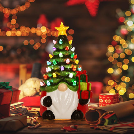 Ceramic Christmas Trees That Light Up Christmas Gnomes, 8" Gnome Christmas Tree with 46 Lights, Small Tabletop Christmas Tree Gnome Christmas Decorations for Home Room Fireplace (Green)