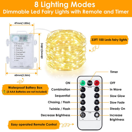 Mlambert 3 Pack 33FT Fairy Lights Battery Operated with Remote and Timer, Waterproof Dimmable 8 Modes 100 LEDs Twinkle Lights for Indoor Outdoor Decor