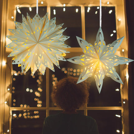 Christmas Paper Snowflake Lanterns, 2 Pack Christmas Paper Star Lantern with LED Light White Hanging Lamp Ornaments for Xmas Tree Year Winter Frozen Weddings Birthday Holiday Party Decorations