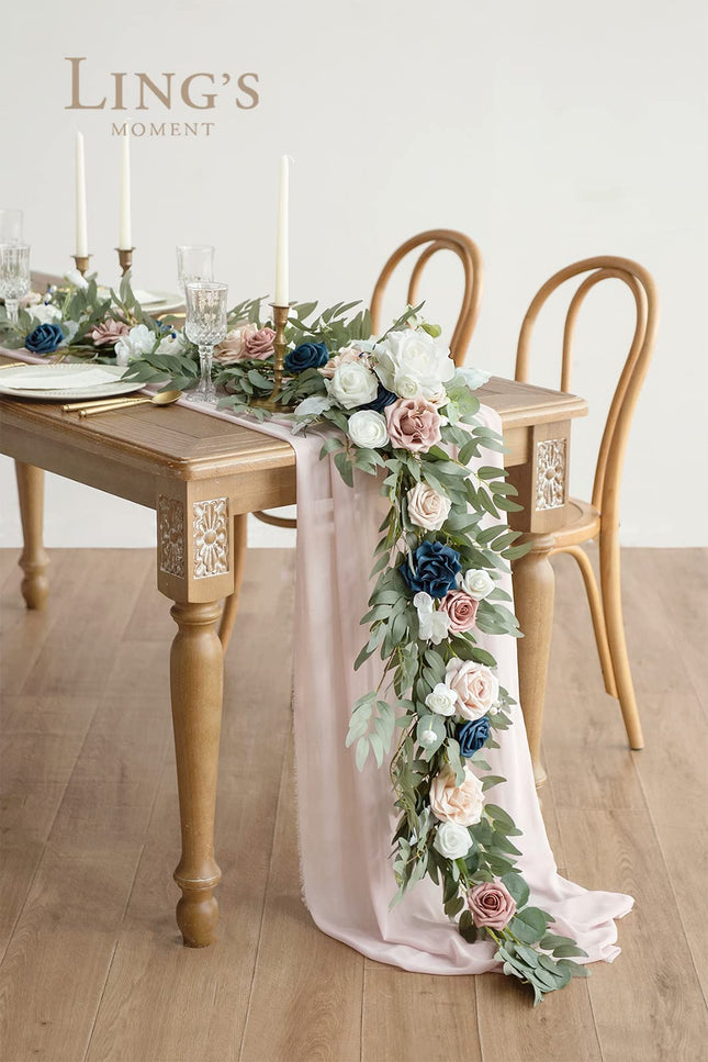 Ling's Moment Flower Garland - 6FT Eucalyptus & Rose - Sweetheart Table Decor for Wedding Reception, Artificial Floral Garland for Mantle, Thanksgiving, Christmas Decoration, Dusty Rose & Navy